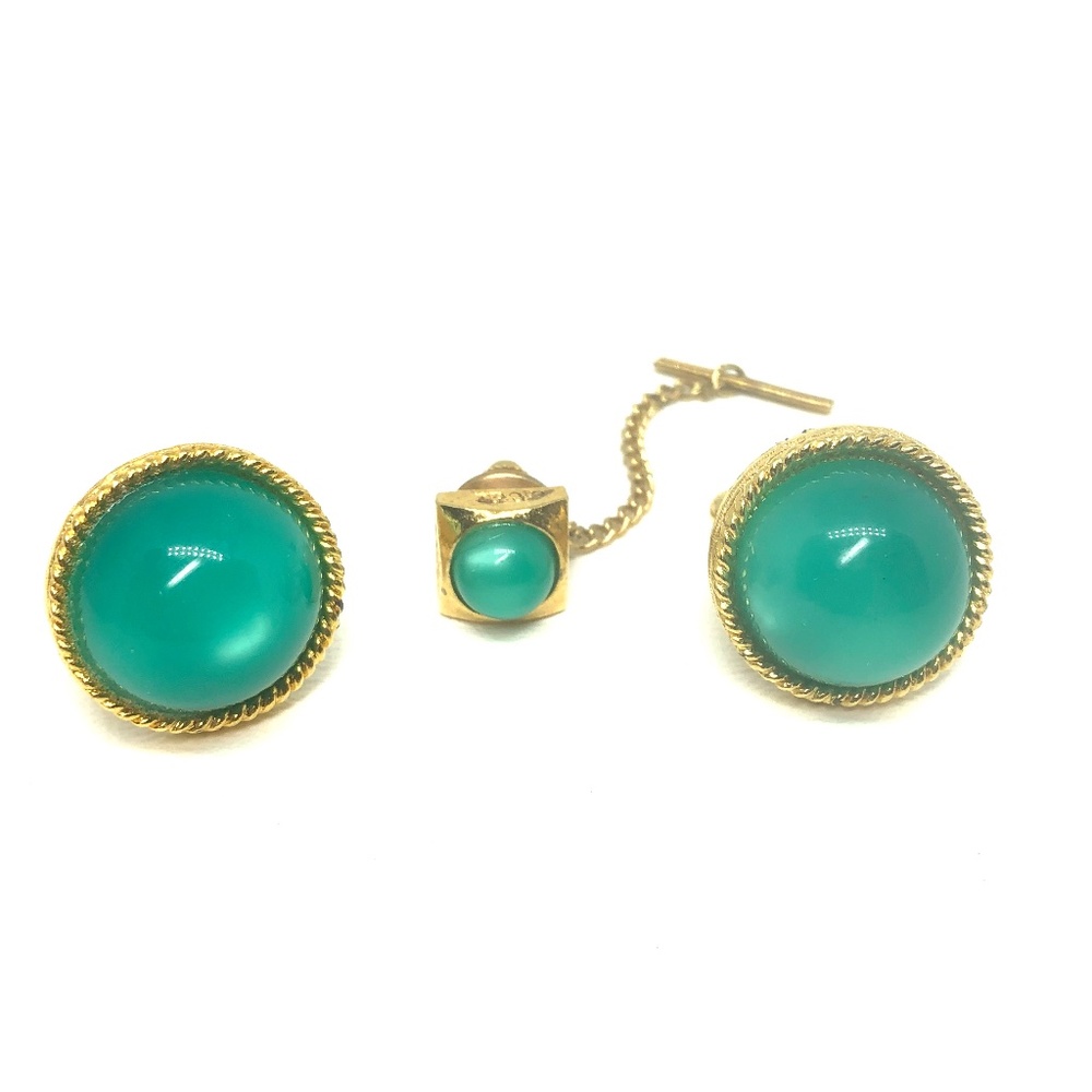 Faux Moonstone Cabochon Tie Tack & Cuff Link Set